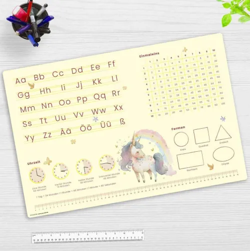 Cover-your-desk Schreibtischunterlagen*Schreibtischunterlage für Kinder Lernunterlage Einschulung, Einhorn Optik, ABC, 1x1, Uhrzeiten, aus hochwertigem Vinyl, 60 x 40 cm