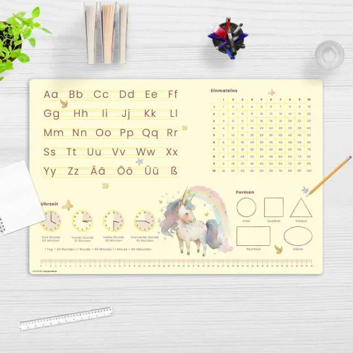 Cover-your-desk Schreibtischunterlagen*Schreibtischunterlage für Kinder Lernunterlage Einschulung, Einhorn Optik, ABC, 1x1, Uhrzeiten, aus hochwertigem Vinyl, 60 x 40 cm