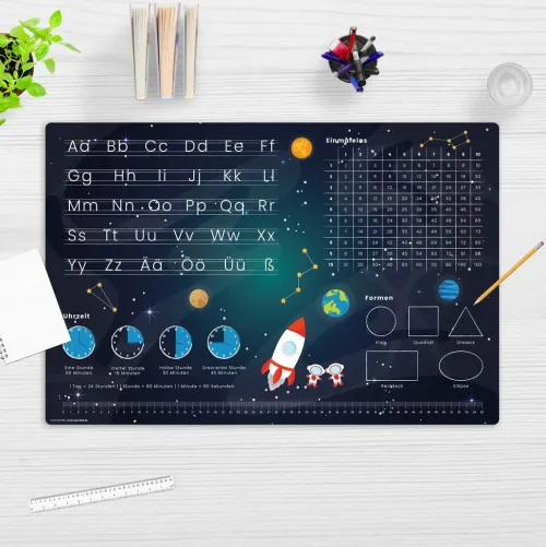 Cover-your-desk Schreibtischunterlagen*Schreibtischunterlage für Kinder Weltraum Schulanfang - abc und einmaleins, aus hochwertigem Vinyl , 60 x 40 cm