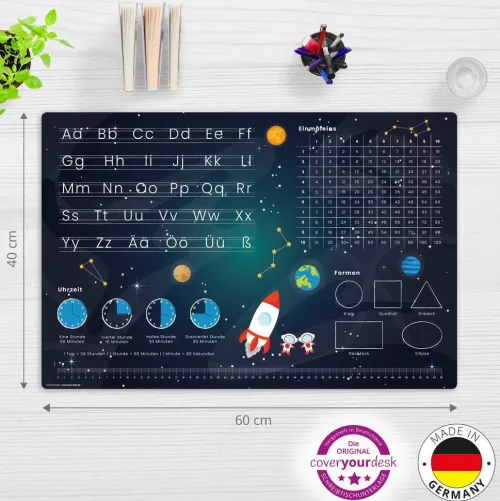 Cover-your-desk Schreibtischunterlagen*Schreibtischunterlage für Kinder Weltraum Schulanfang - abc und einmaleins, aus hochwertigem Vinyl , 60 x 40 cm