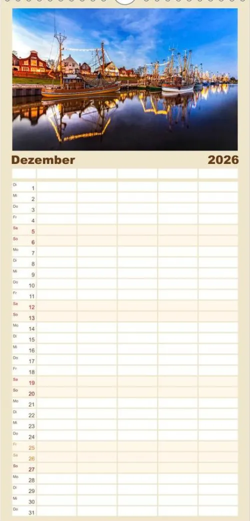Calvendo Wandkalender-Familienplaner 2026 - NORDSEE-VERLIEBT mit 5 Spalten (Wandkalender, 21 x 45 cm)