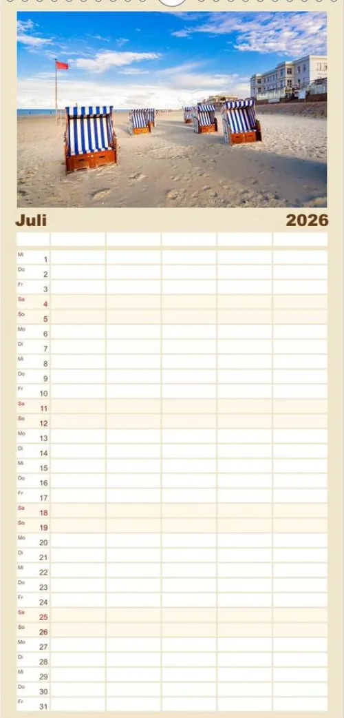 Calvendo Wandkalender-Familienplaner 2026 - NORDSEE-VERLIEBT mit 5 Spalten (Wandkalender, 21 x 45 cm)