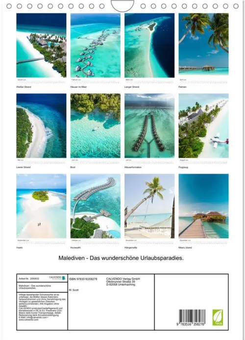 Calvendo Wandkalender-Malediven - Das wunderschöne Urlaubsparadies. (Wandkalender 2026 DIN A4 hoch), Monatskalender