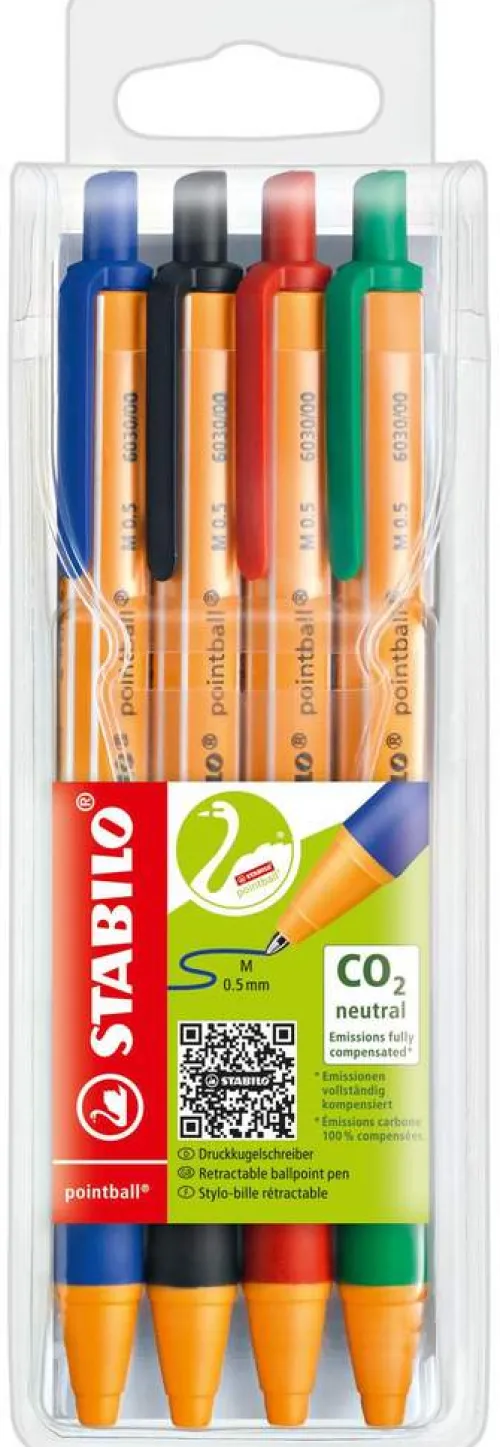 Kugelschreiber Druck-Kugelschreiber pointball, 4er Set - blau, schwarz, rot, grün*STABILO New