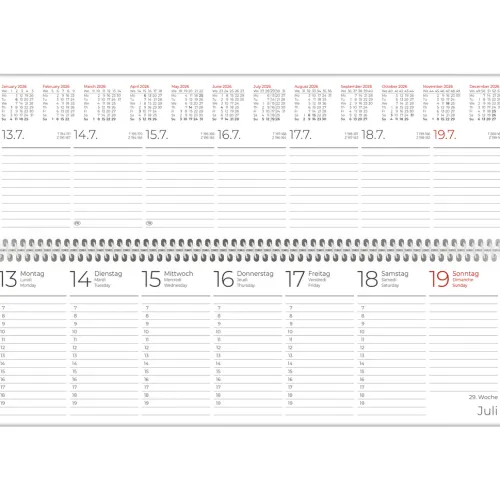 Zettler Tischquerkalender 1W/2S Rot 2026 - Bürokalender 30x10 cm, Wochenkalender mit 1 Woche auf 2 Seiten, 3-sprachigem Kalendarium, Spiralbindung & Stundeneinteilung 7-19 Uhr*teNeues Calendars & Stationery GmbH & Co. KG